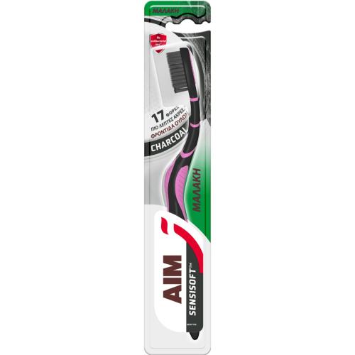 Aim Sensisoft Charcoal Soft Toothbrush Φούξια Χειροκίνητη Οδοντόβουρτσα με Μαλακές Ίνες Εμποτισμένες με Άνθρακα & 17 Φορές πιο Λεπτές Άκρες 1 Τεμάχιο